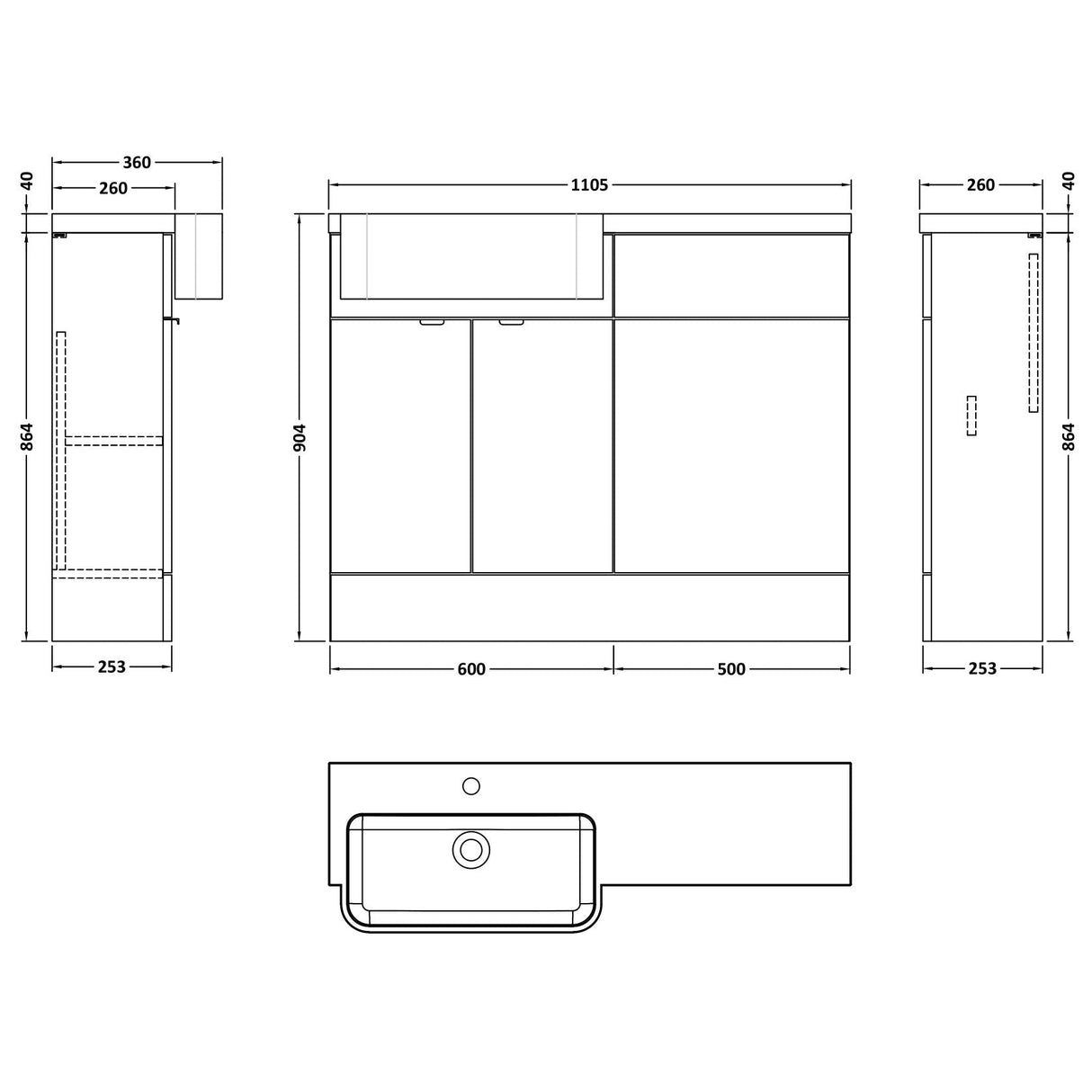 Hudson Reed Fusion Round Semi-Recessed Toilet & Basin Suite, 2 Door Vanity Unit (600mm), W1100mm Charcoal Black CBI646 LD
