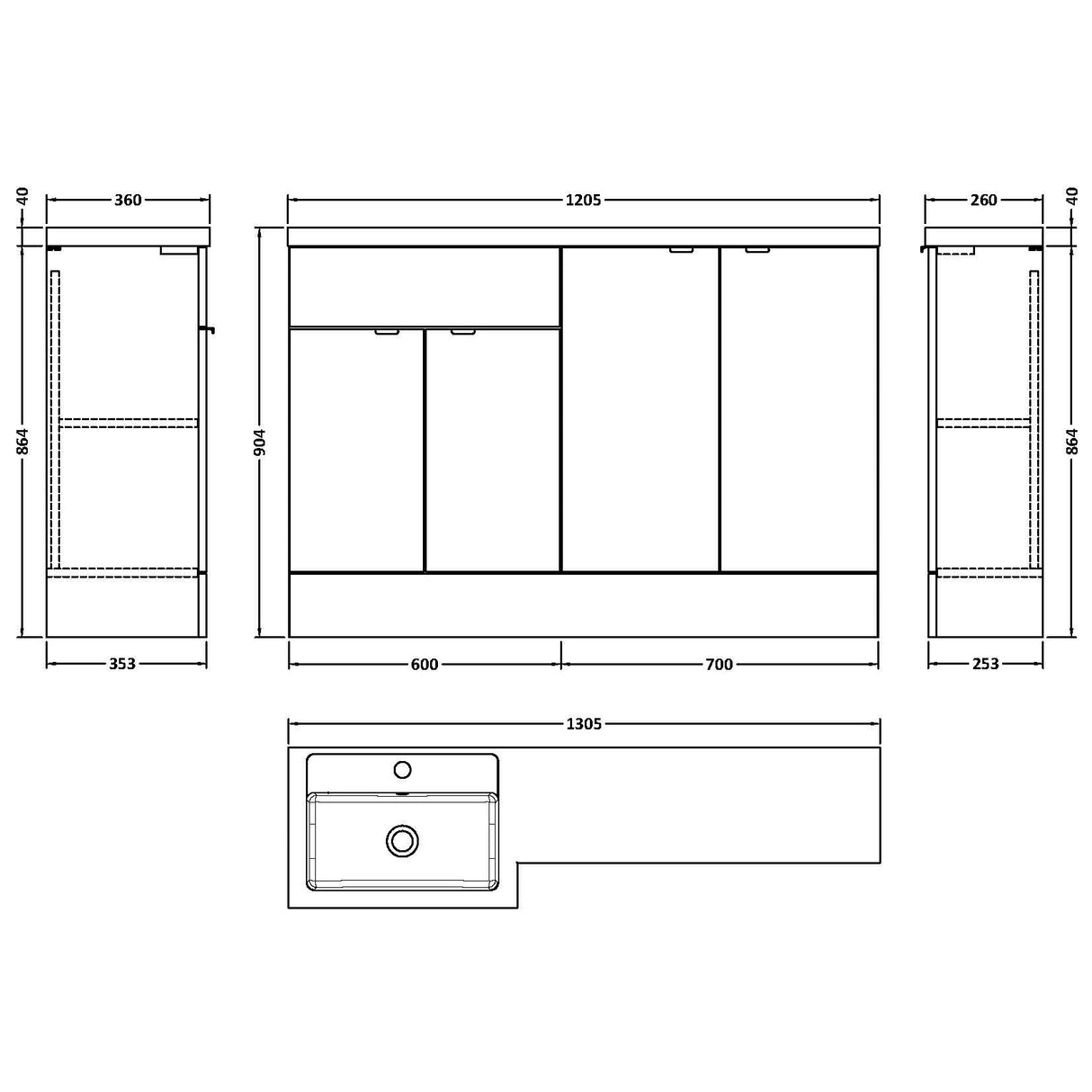 Hudson Reed 1200mm Fusion Full Depth Basin Vanity Unit (600mm), 4 Doors Gloss Grey CBI911 LD