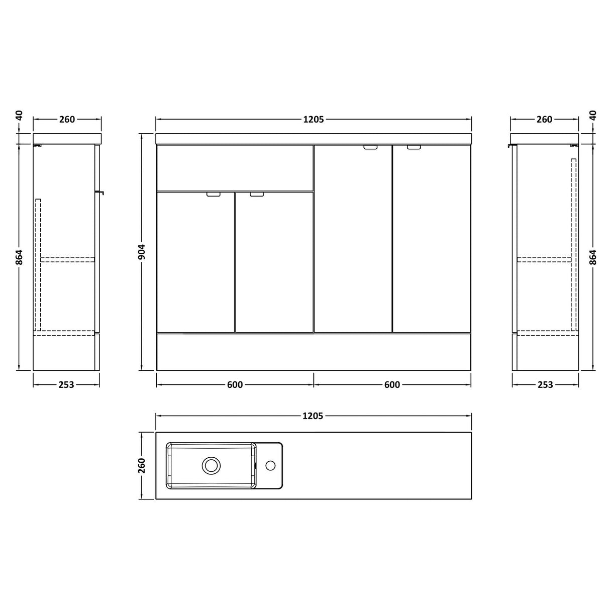 Hudson Reed Fusion Slimline Basin Vanity unit (600mm), 4 Doors, W1200mm Gloss Grey CBI925 LD