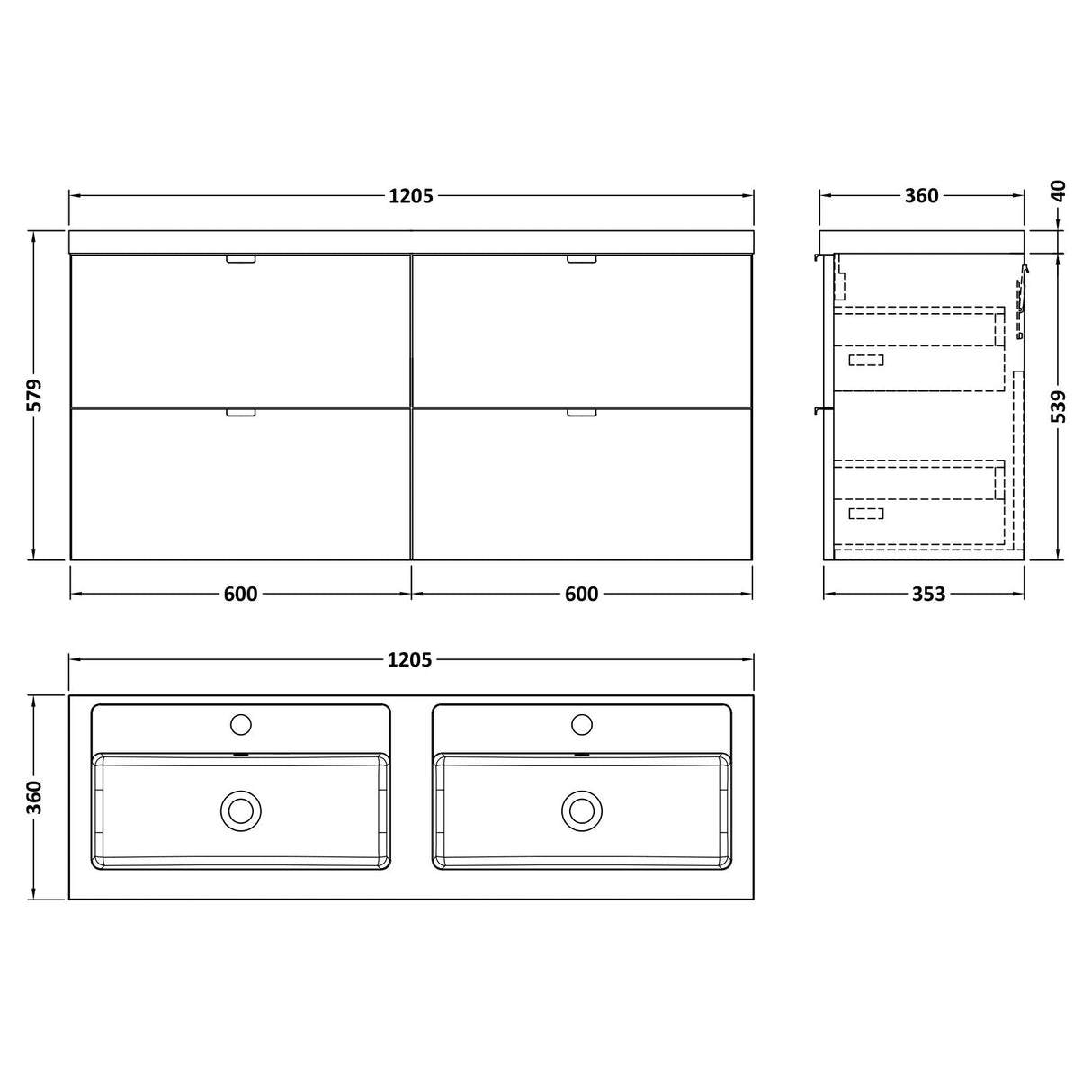 Hudson Reed Fusion 1200mm Full Depth Wall Hung Double Basin Vanity Unit & Basin, 4 Drawers Gloss Grey CBI932 LD