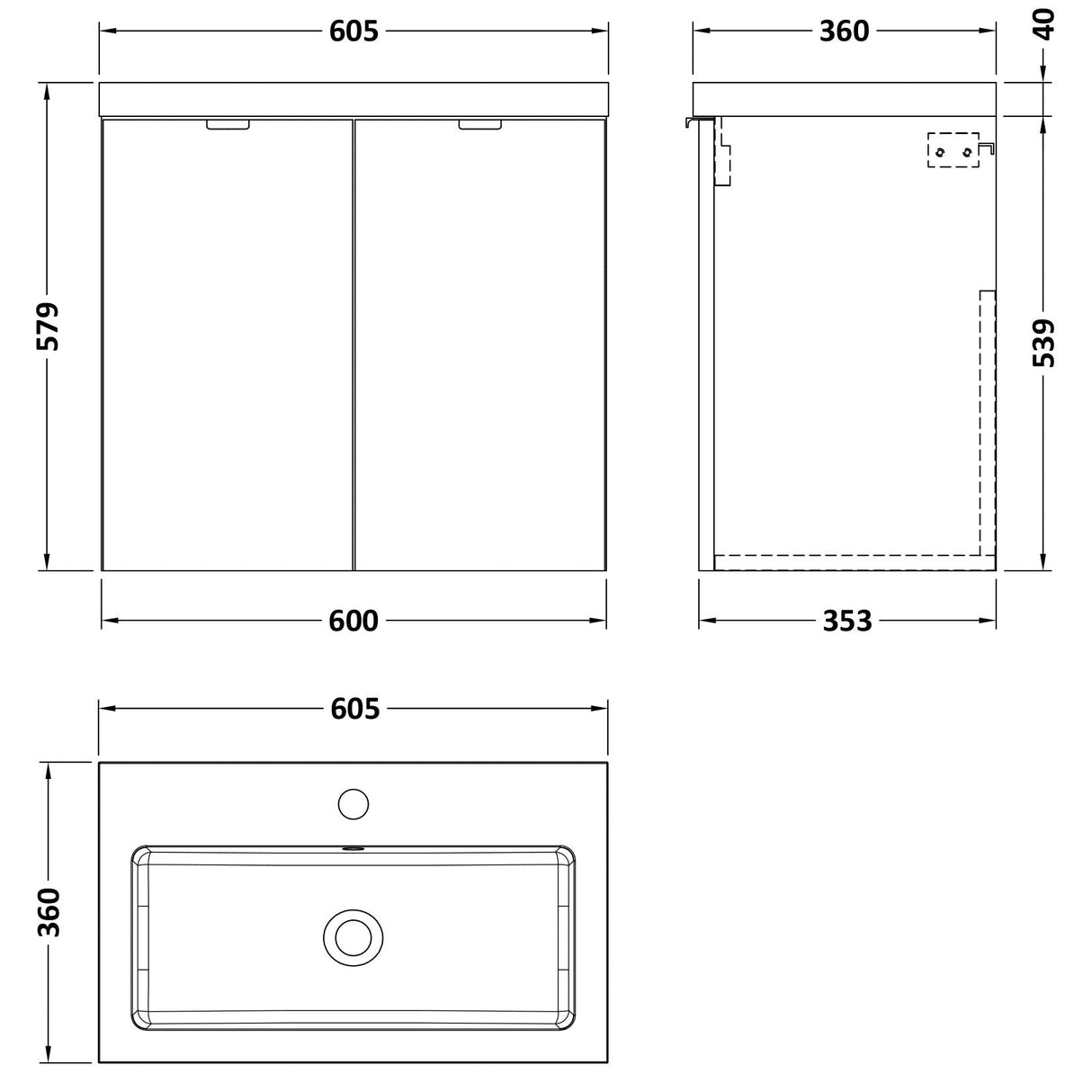 Hudson Reed Fusion 600mm Full Depth Wall Hung Basin Vanity Unit & Basin, 2 Doors Gloss Grey CBI936 LD