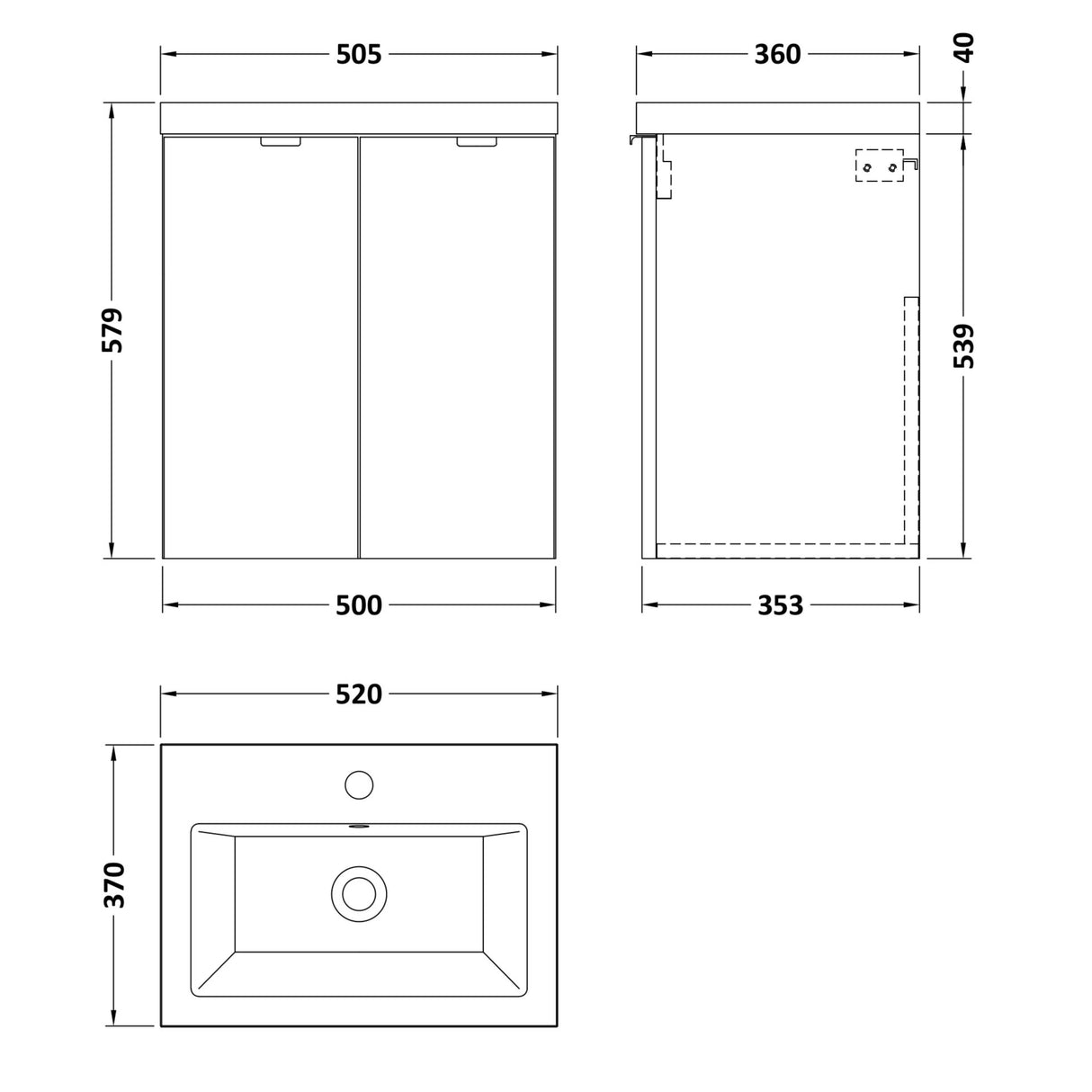 Hudson Reed Fusion 500mm Full Depth Wall Hung Basin Vanity Unit & Basin, 2 Doors Gloss Grey CBI940A LD