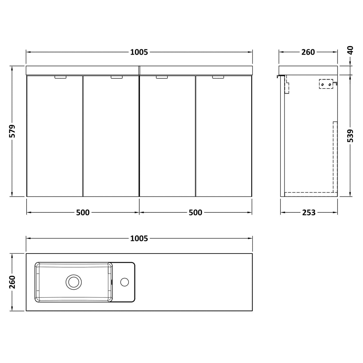 Hudson Reed Fusion 1000mm Slimline Wall Hung Vanity Unit & Basin, 4 Doors Gloss Grey CBI943 LD