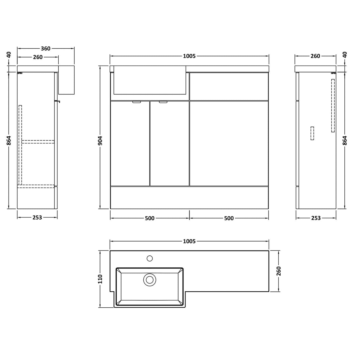 Hudson Reed Fusion Square Semi-Recessed Toilet & Basin Suite, 2 Door Vanity Unit (500mm), W1000mm Gloss Grey CBI948 LD