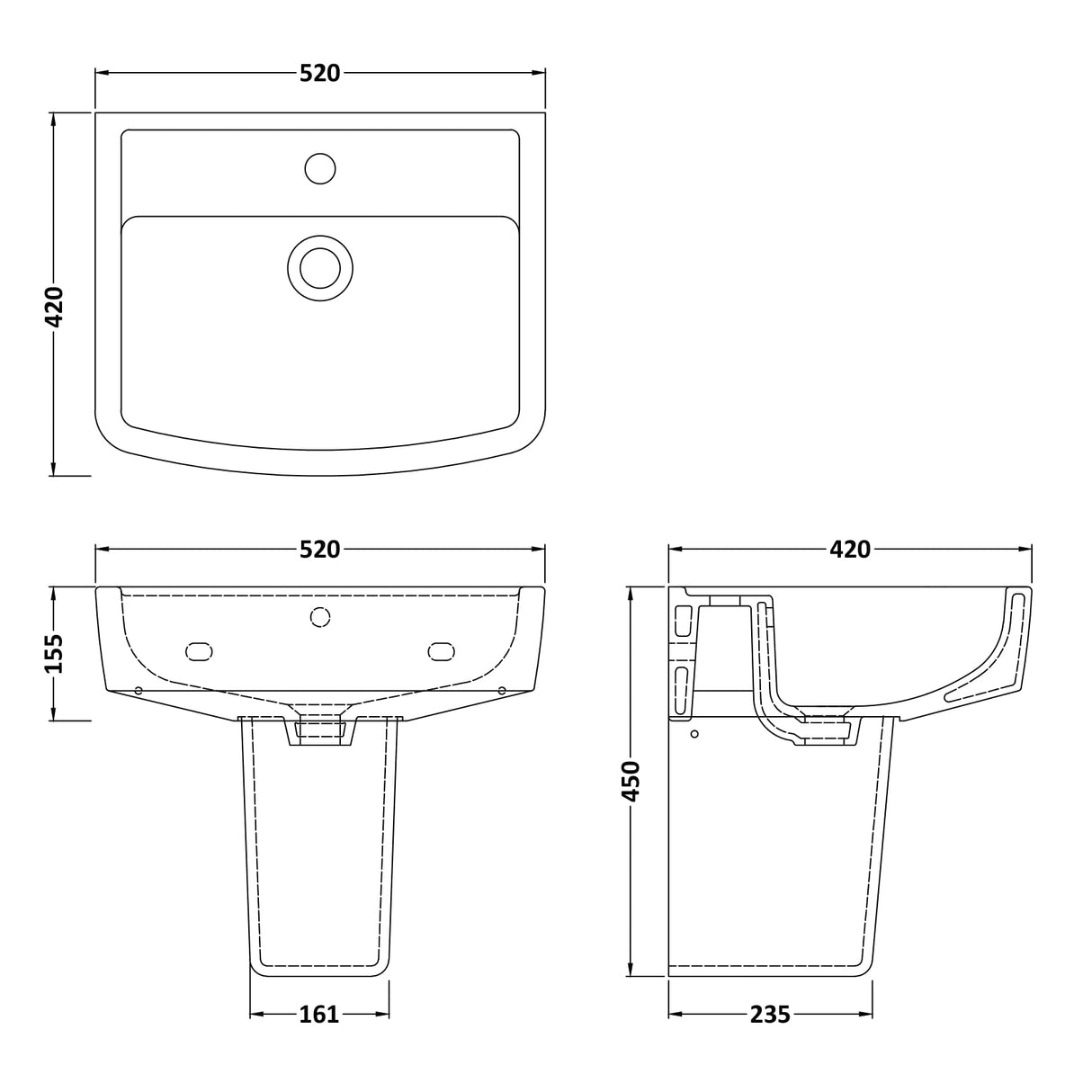 Nuie Bliss Basin & Semi-Pedestal 520mm wide - 1 Tap Hole CBL011 LD