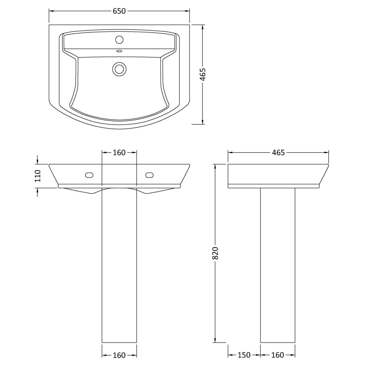 Hudson Reed Maya Basin & Full Pedestal 650mm wide, 1 Tap Hole White CCL003 LD