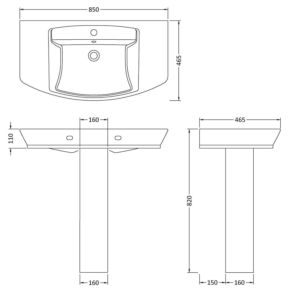 Hudson Reed Maya Basin & Full Pedestal 850mm wide, 1 Tap Hole White CCL004 LD