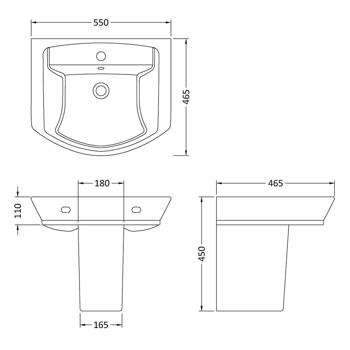 Hudson Reed Maya Wall Hung Basin & Semi Pedestal 550mm wide, 1 Tap Hole White CCL005 LD