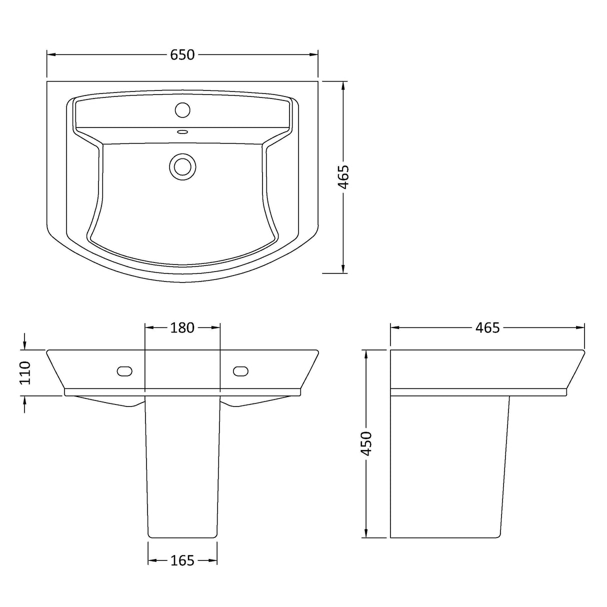 Hudson Reed Maya Wall Hung Basin & Semi Pedestal 650mm wide, 1 Tap Hole White CCL006 LD