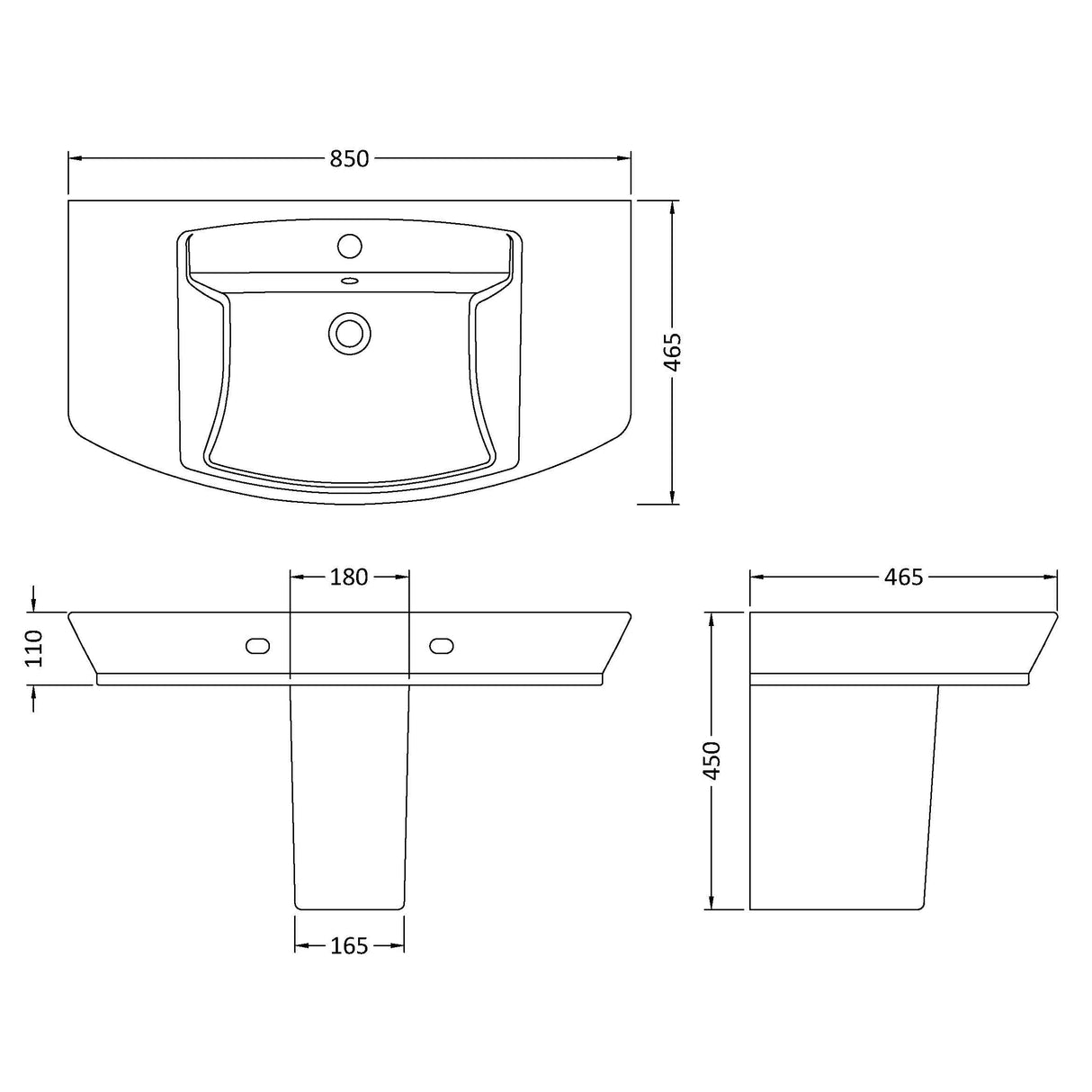 Hudson Reed Maya Wall Hung Basin & Semi Pedestal 850mm wide, 1 Tap Hole White CCL007 LD