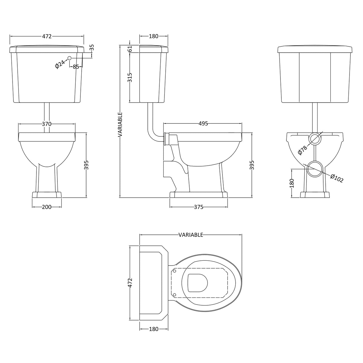 Nuie Carlton Low Level Toilet With Cistern Lever & Pipe Kit CCT001 LD