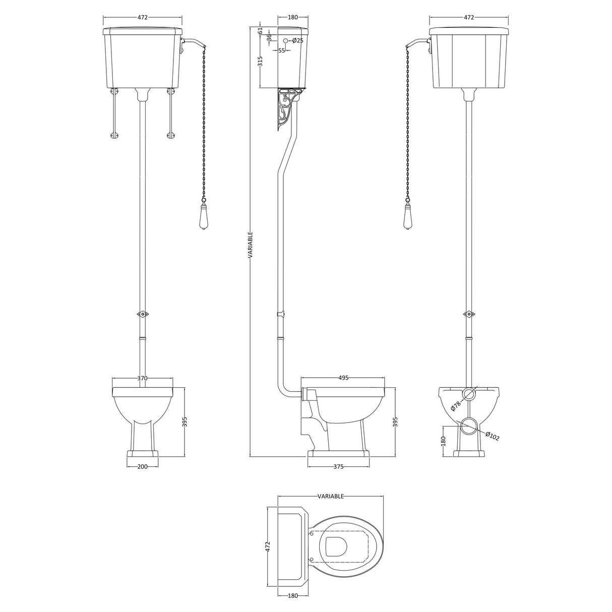 Nuie Carlton High Level Toilet With Cistern Lever & Pipe Kit CCT002 LD