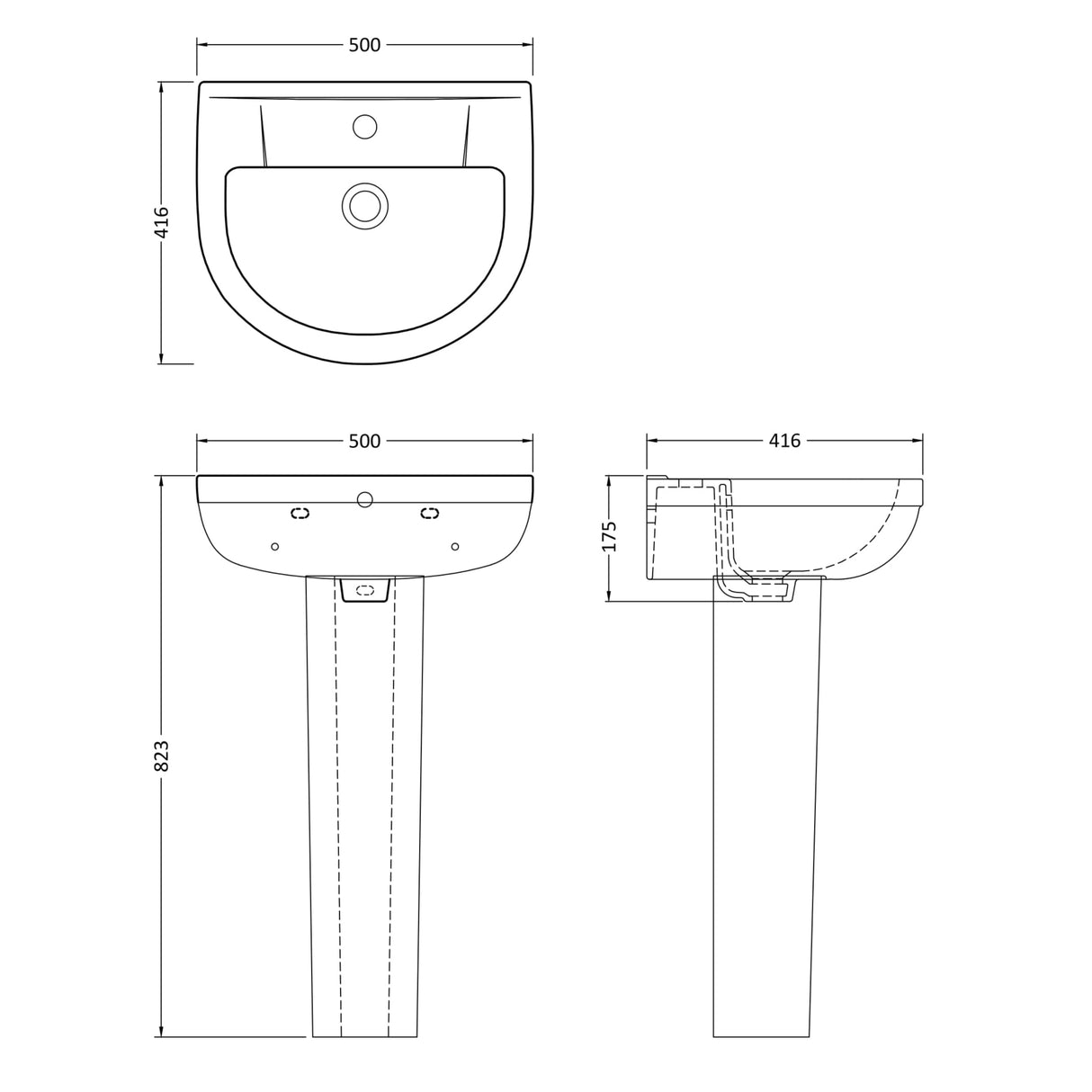 Nuie Harmony Basin & Full Pedestal 500mm wide - 1 Tap Hole CHM002 LD
