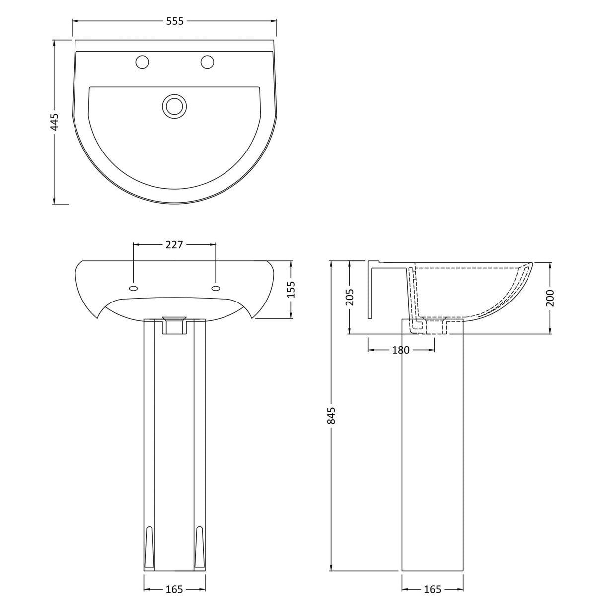 Nuie Ivo Basin & Full Pedestal 550mm wide - 2 Tap Hole CIV003 LD