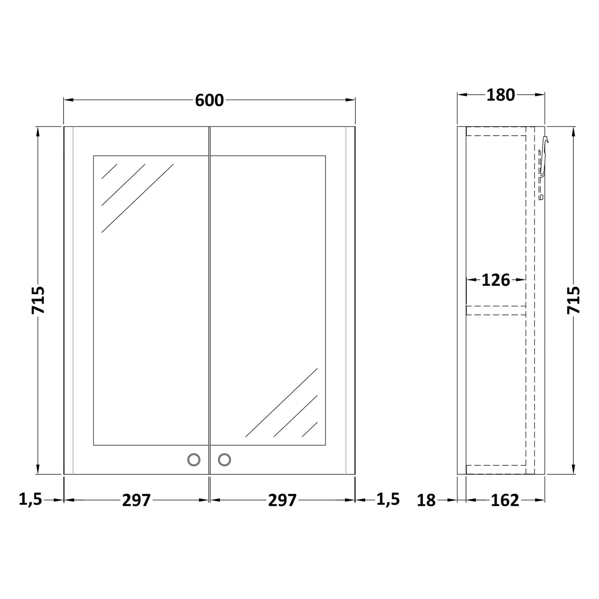 Nuie Classique 2 Door Wall Hung Mirrored Cabinet W600mm Soft Black CLA1417 LD