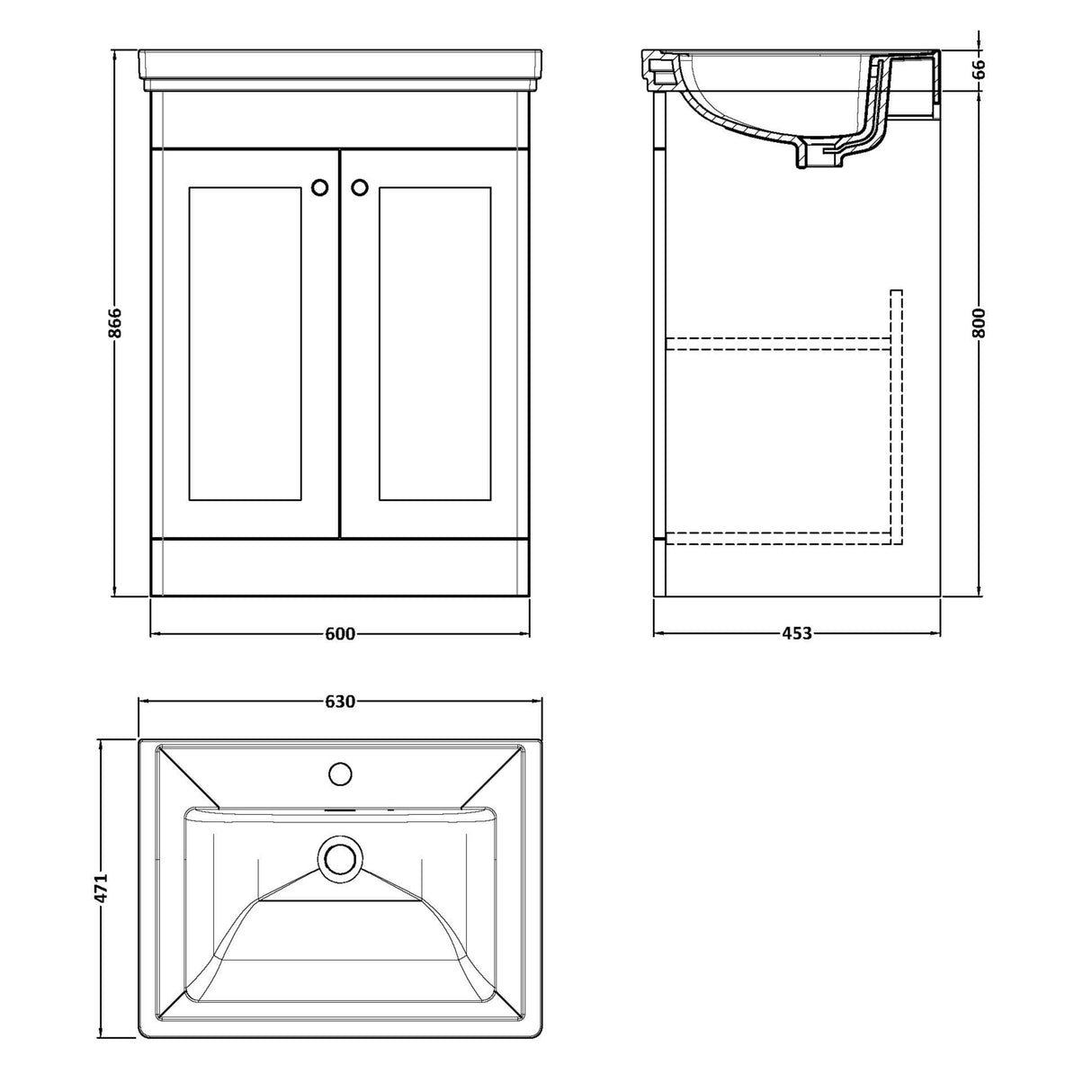 Nuie Classique 600mm Floorstanding 2 Door Vanity Unit & Basin Satin White CLC125A LD
