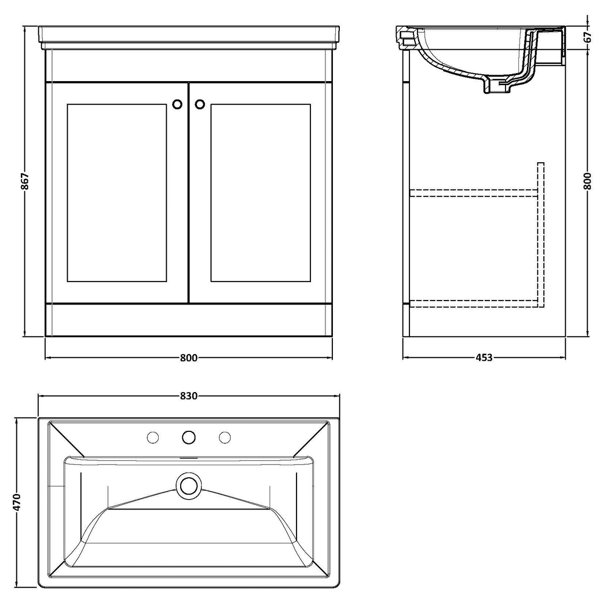 Nuie Classique 800mm Freestanding 2 Door Vanity Unit & Basin Satin White CLC126B LD
