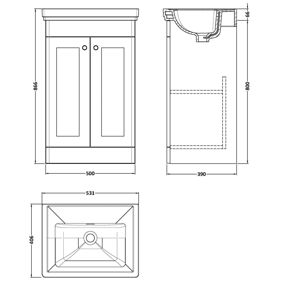 Nuie Classique 500mm Floorstanding 2 Door Vanity Unit & Basin Soft Black CLC1423H LD