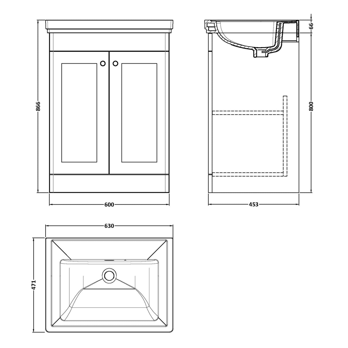 Nuie Classique 600mm Floorstanding 2 Door Vanity Unit & Basin Soft Black CLC1425H LD