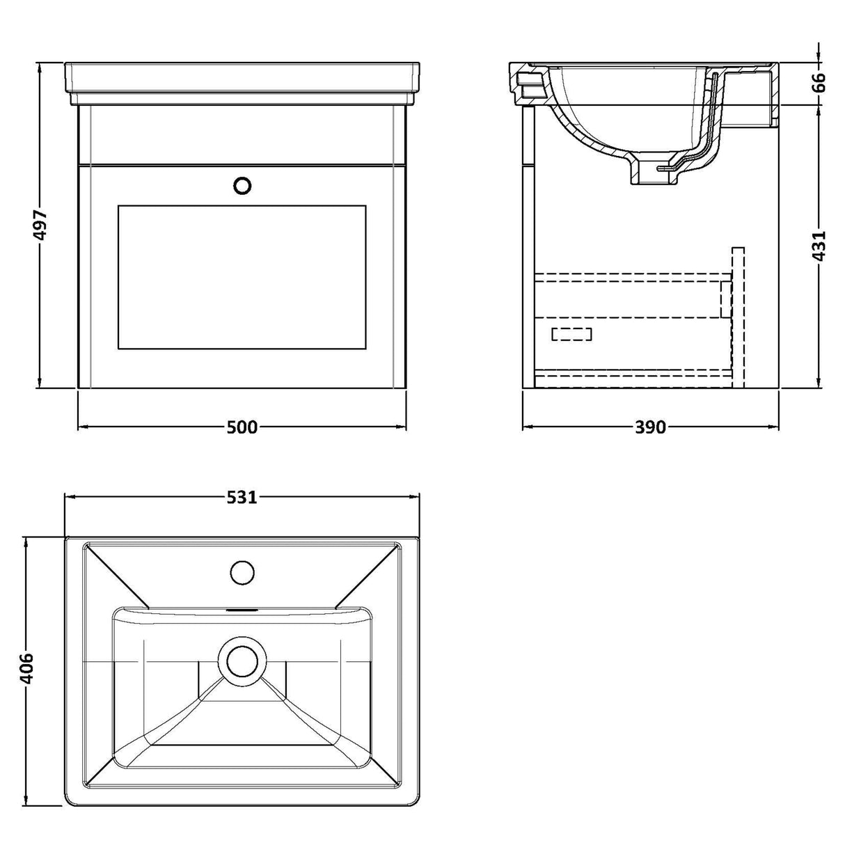 Nuie Classique 500mm Wall Hung 1 Drawer Vanity Unit & Basin Soft Black CLC1491A LD