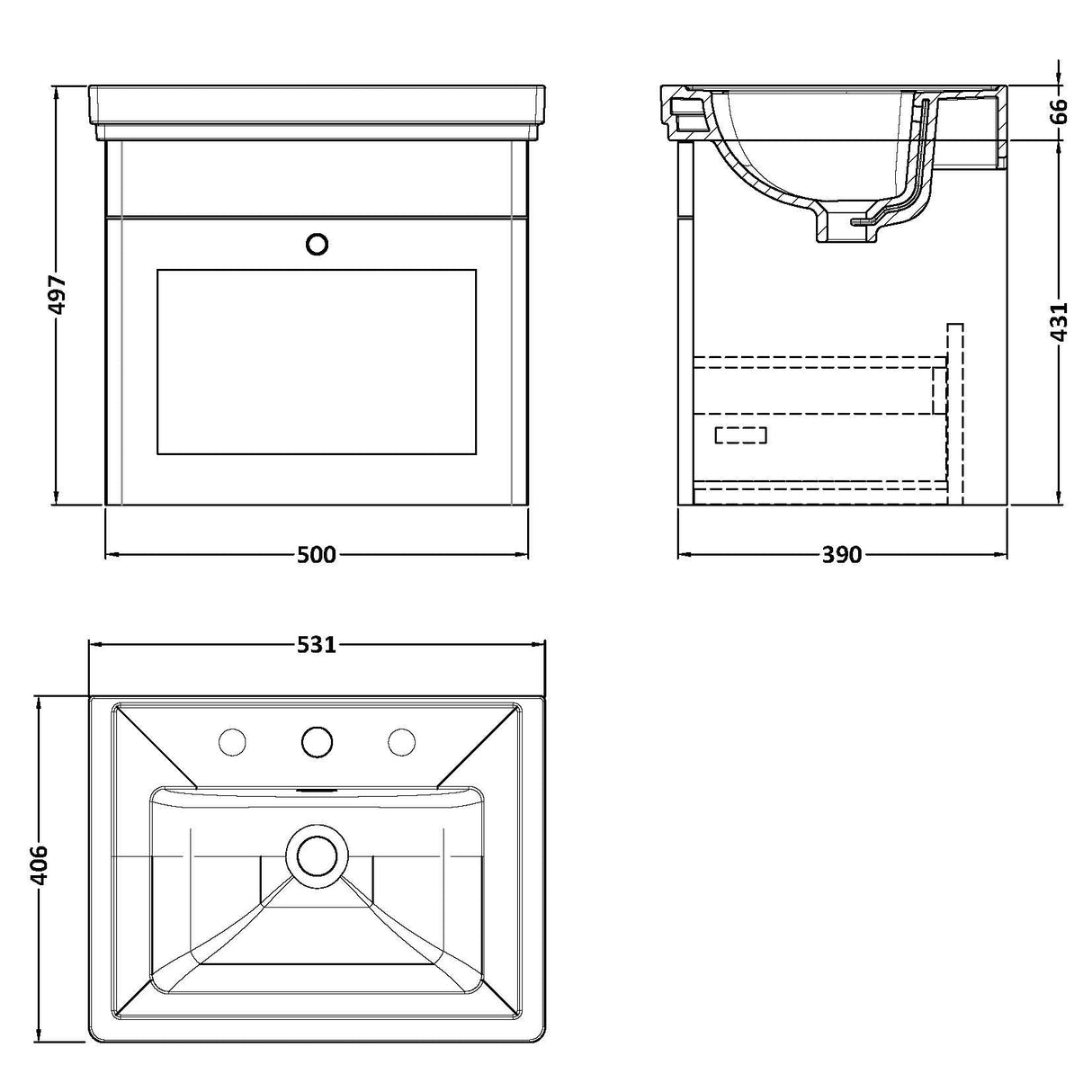 Nuie Classique 500mm Wall Hung 1 Drawer Vanity Unit & Basin Soft Black CLC1491B LD