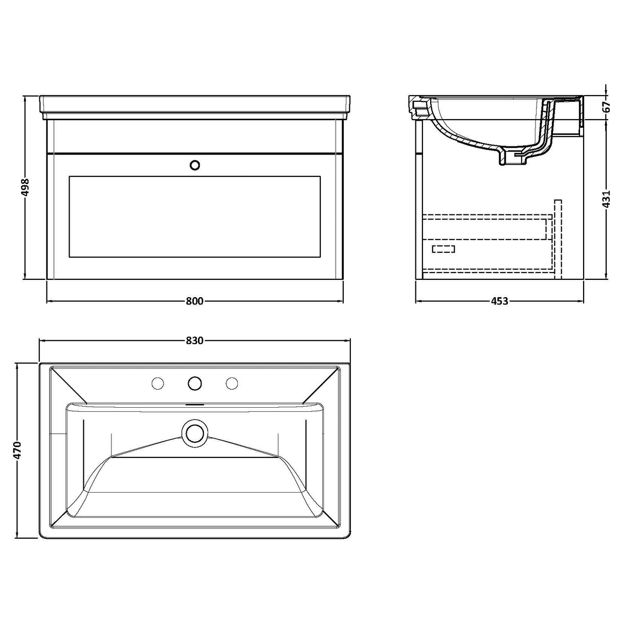 Nuie Classique 800mm Wall Hung 1 Drawer Vanity Unit & Basin Soft Black CLC1496B LD