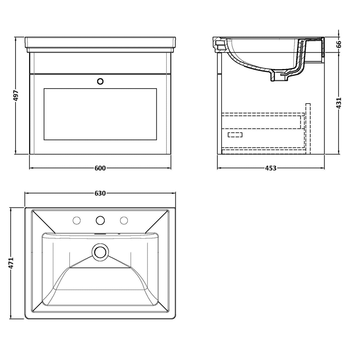 Nuie Classique 600mm Wall Hung 1 Drawer Vanity Unit & Basin Satin White CLC194B LD