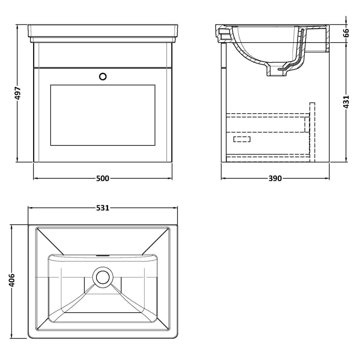 Nuie Classique 500mm Wall Hung 1 Drawer Vanity Unit & Basin Satin Grey CLC291H LD