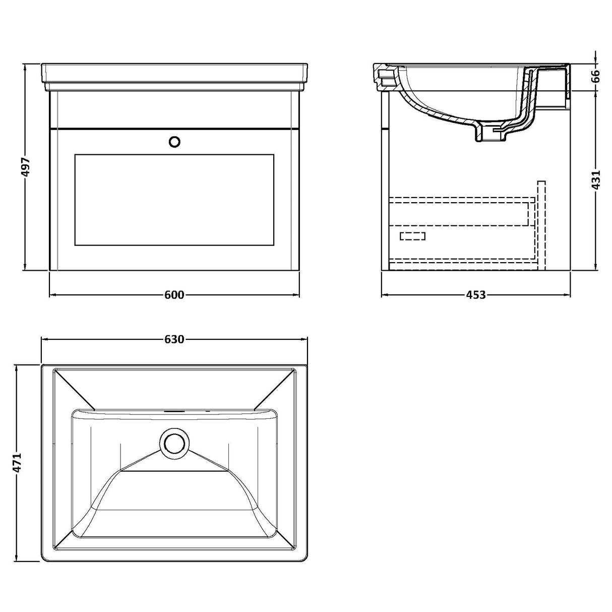 Nuie Classique 600mm Wall Hung 1 Drawer Vanity Unit & Basin Satin Grey CLC294H LD