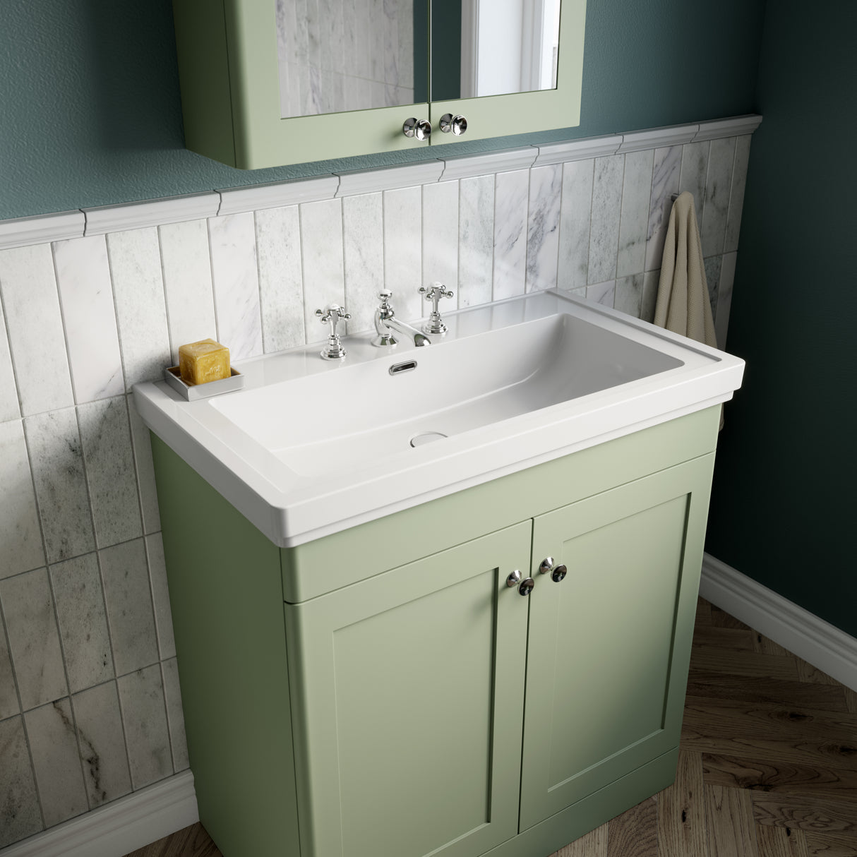 Nuie Classique 800mm Freestanding 2 Door Vanity Unit & Basin Satin Green CLC826B LS