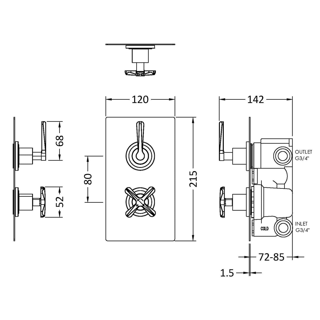 Nuie Aztec 2 Outlet Thermostatic Concealed Shower Valve With Diverter Brushed Brass CLL8207 LD