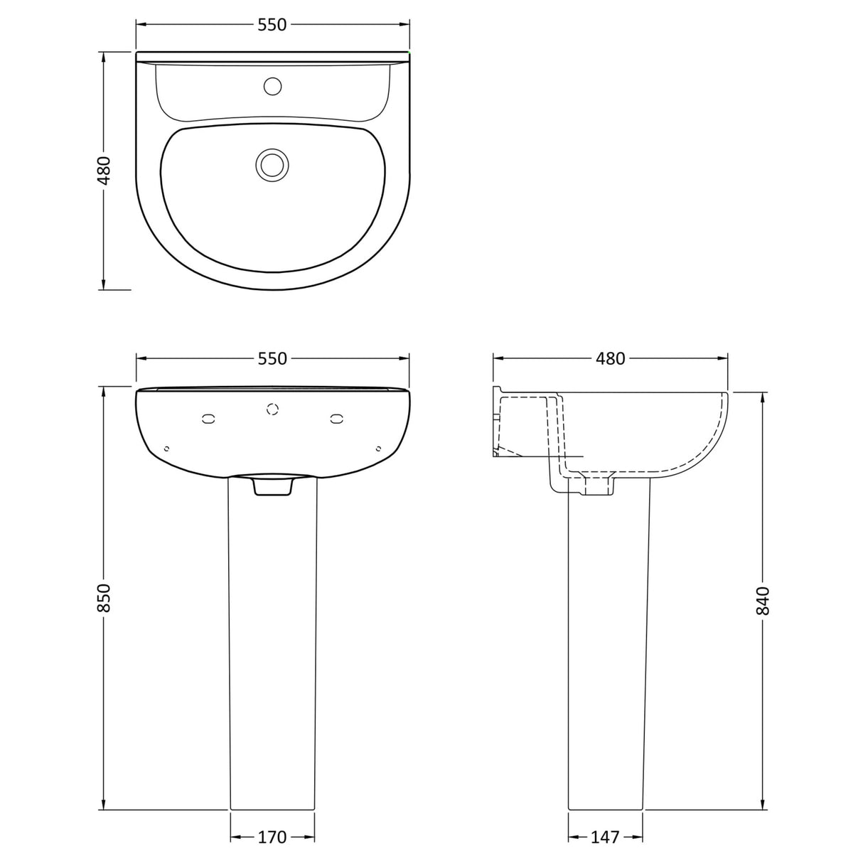 Nuie Lawton Basin & Full Pedestal 550mm wide - 1 Tap Hole CLW003 LD