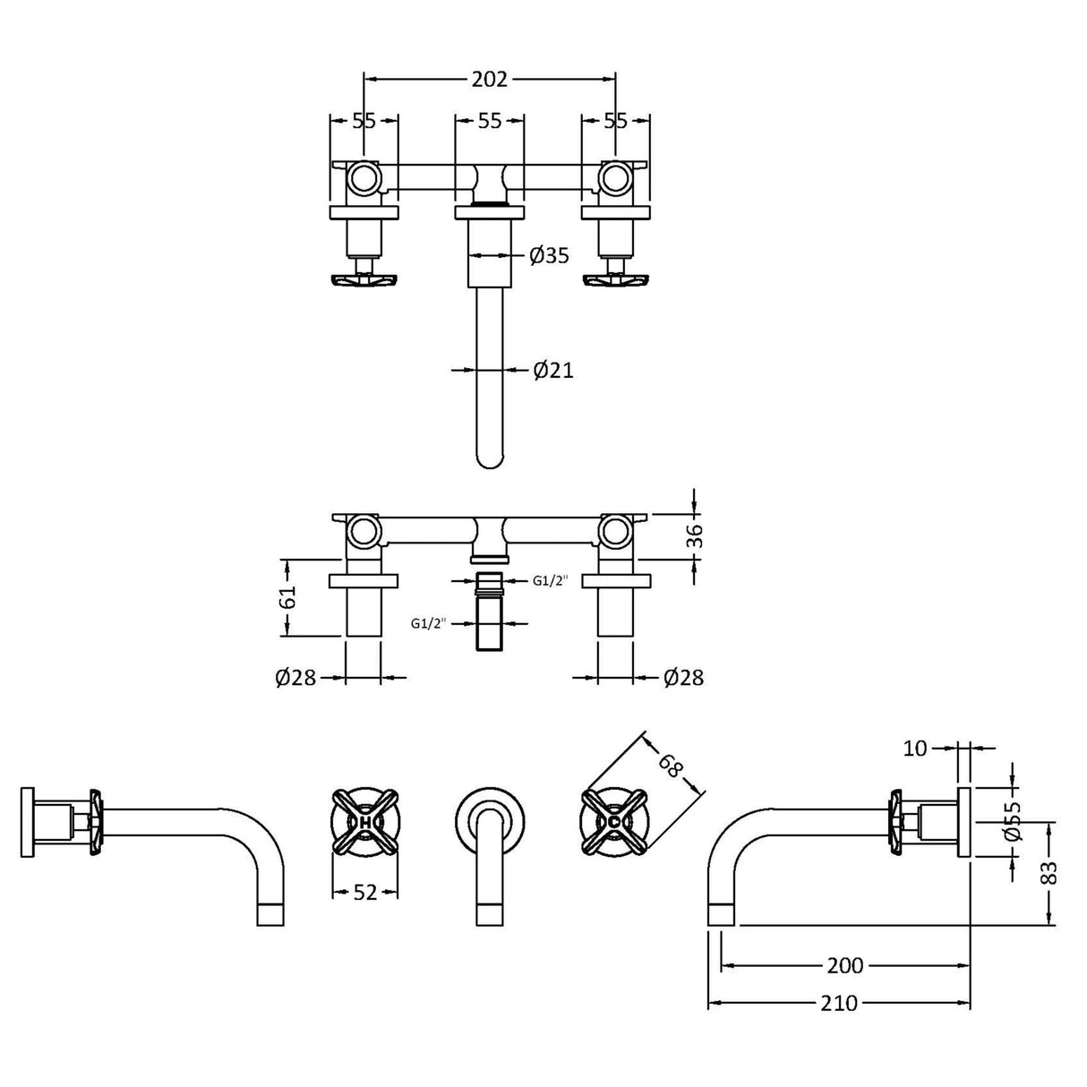 Nuie Aztec 3-Hole Wall Mounted Basin Mixer Tap Chrome CLX317 LD
