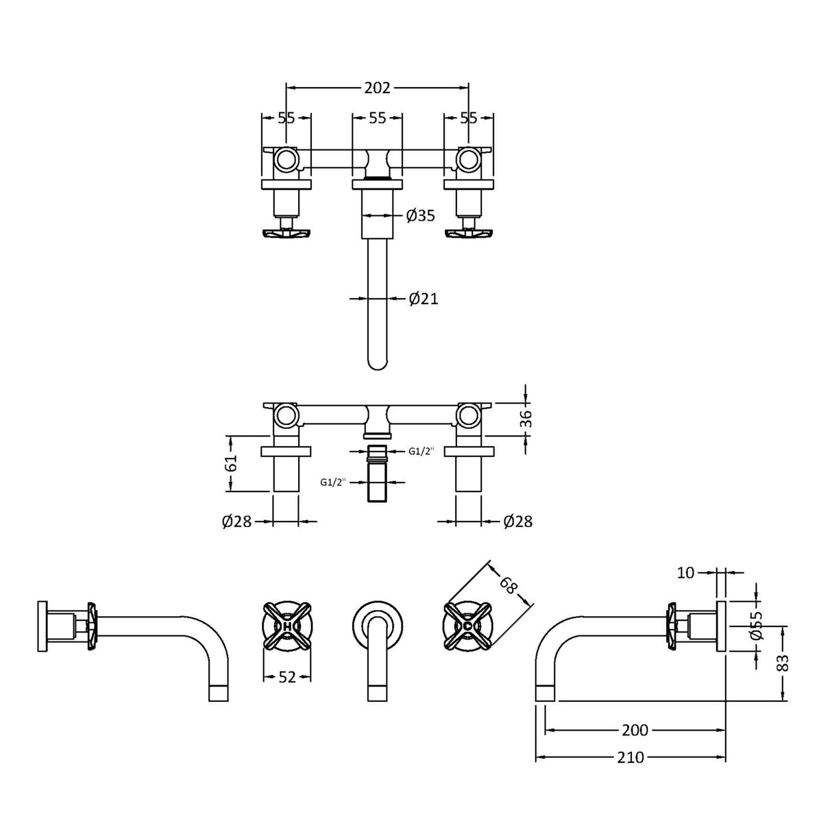 Nuie Aztec 3-Hole Wall Mounted Basin Mixer Tap Matt Black CLX417 LD