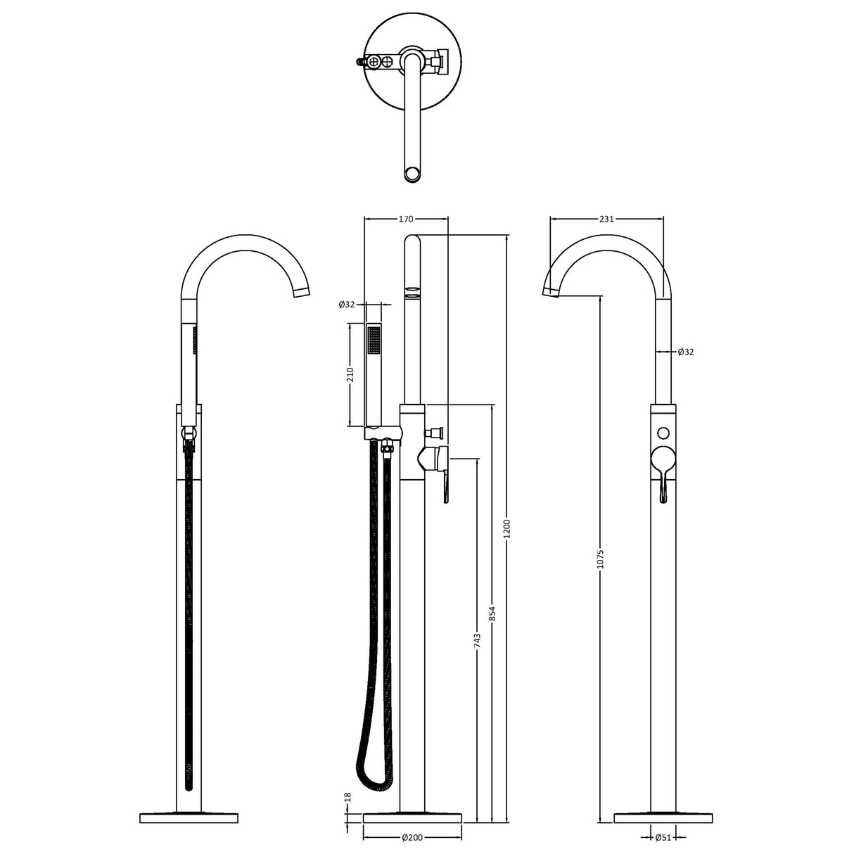 Nuie Aztec Freestanding Bath Shower Mixer Tap with Shower Kit Matt Black CLX421 LD