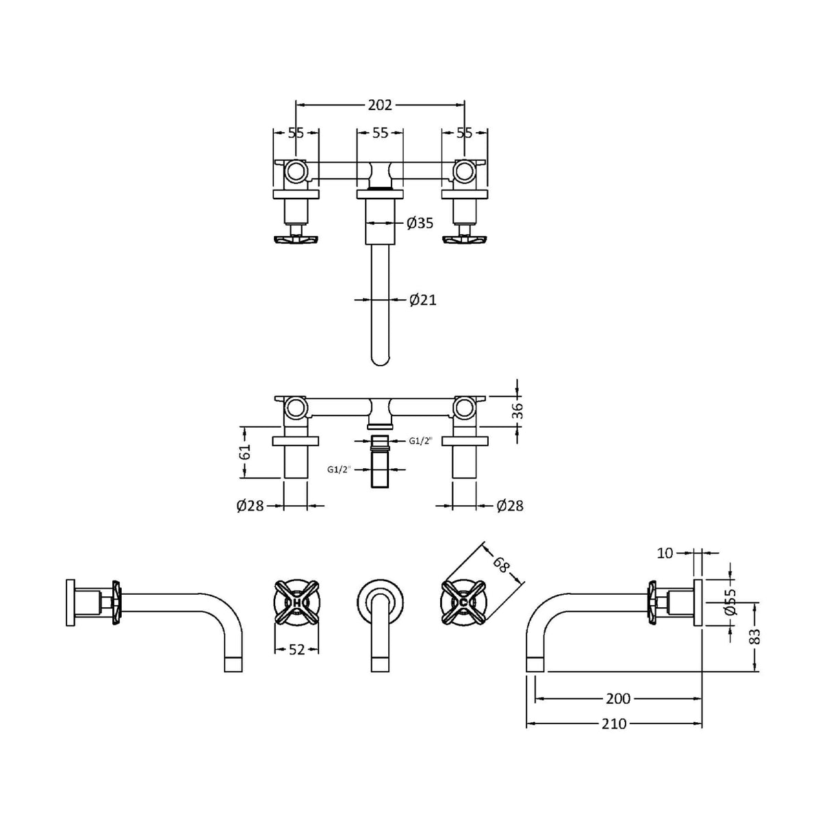Nuie Aztec 3-Hole Wall Mounted Basin Mixer Tap Brushed Brass CLX817 LD