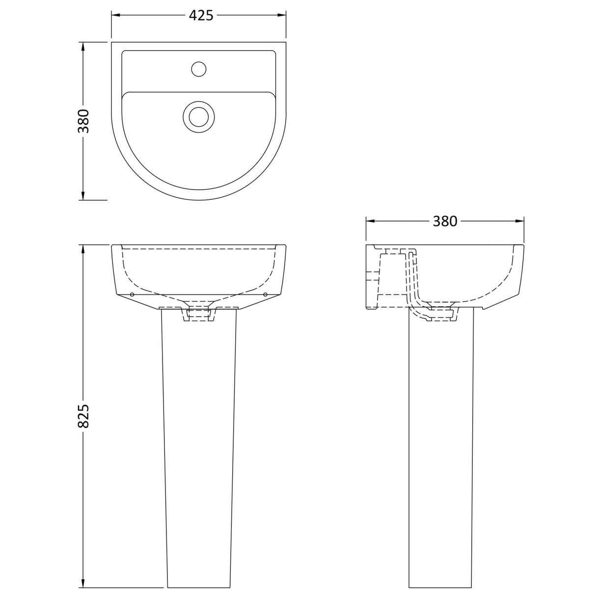 Hudson Reed Luna Basin & Full Pedestal 425mm wide, 1 Tap Hole White CMA002 LD