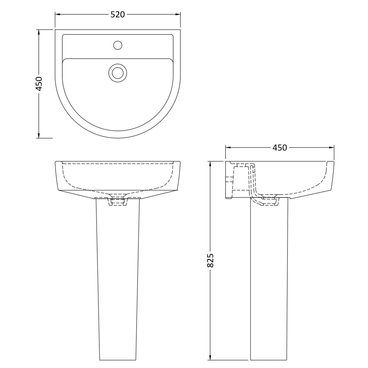 Hudson Reed Luna Basin & Full Pedestal 520mm wide, 1 Tap Hole White CMA003 LD