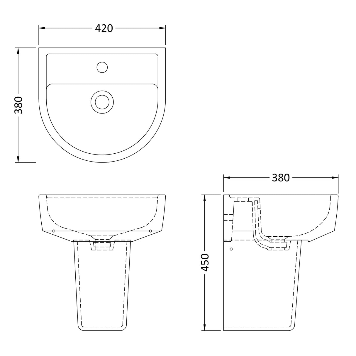 Hudson Reed Luna Wall Hung Basin & Semi Pedestal 420mm wide, 1 Tap Hole White CMA004 LD