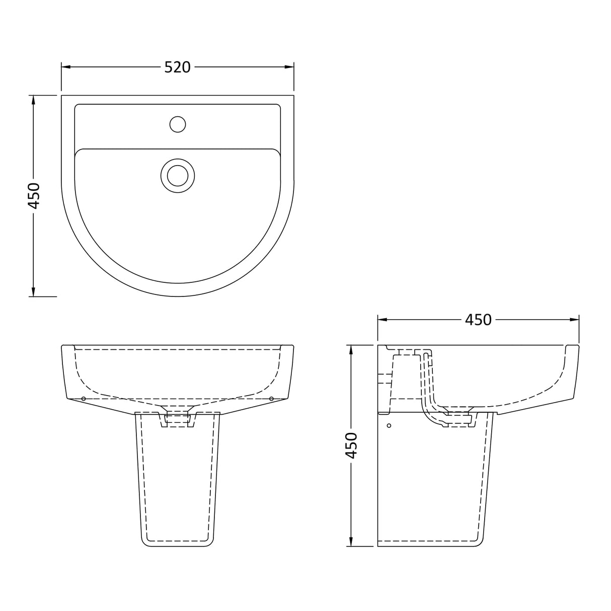 Hudson Reed Luna Wall Hung Basin & Semi Pedestal 520mm wide, 1 Tap Hole White CMA005 LD