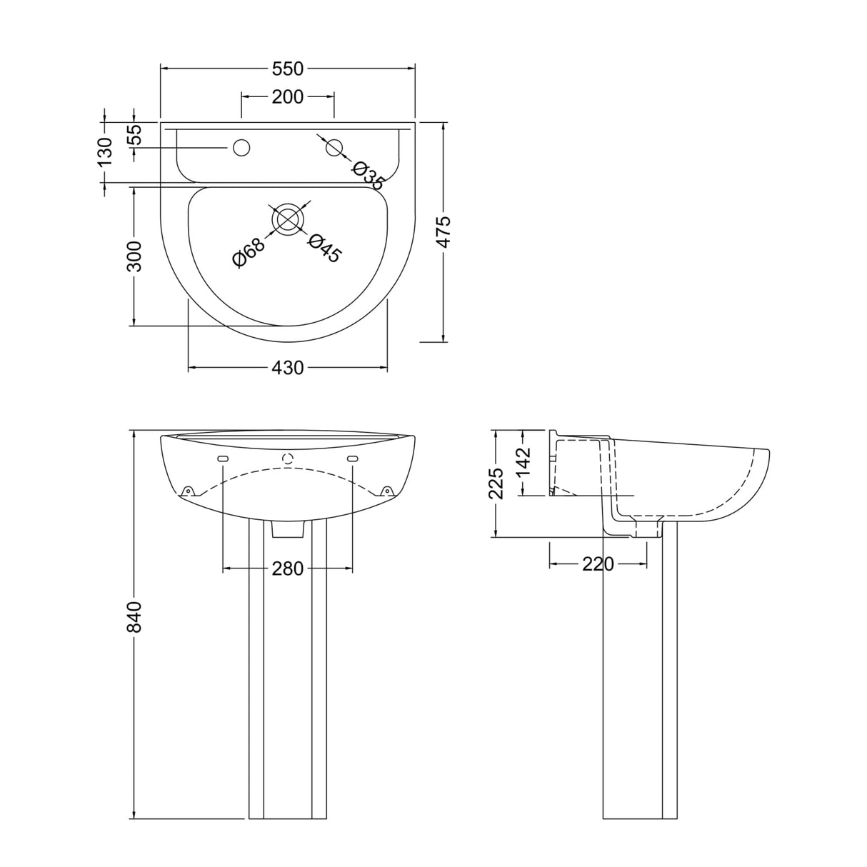 Nuie Melbourne Basin & Full Pedestal 550mm wide - 2 Tap Hole CML003 LD