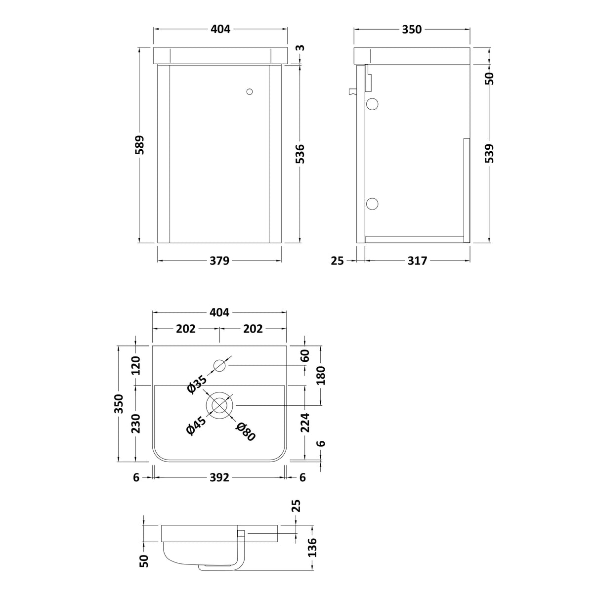 Nuie Core 400mm Wall Hung 1 Door Vanity Unit & Basin Gloss White COR101 LD