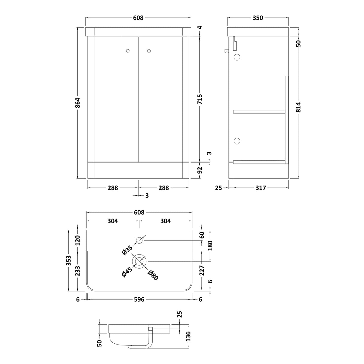 Nuie Core 600mm Floor Standing 2 Door Vanity Unit & Basin Gloss White COR106 LD