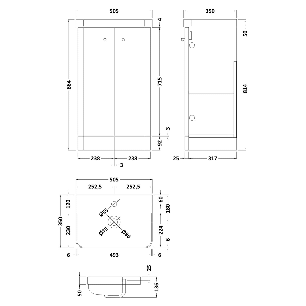 Nuie Core 500mm Floor Standing 2 Door Vanity Unit & Basin Soft Black COR1404 LD