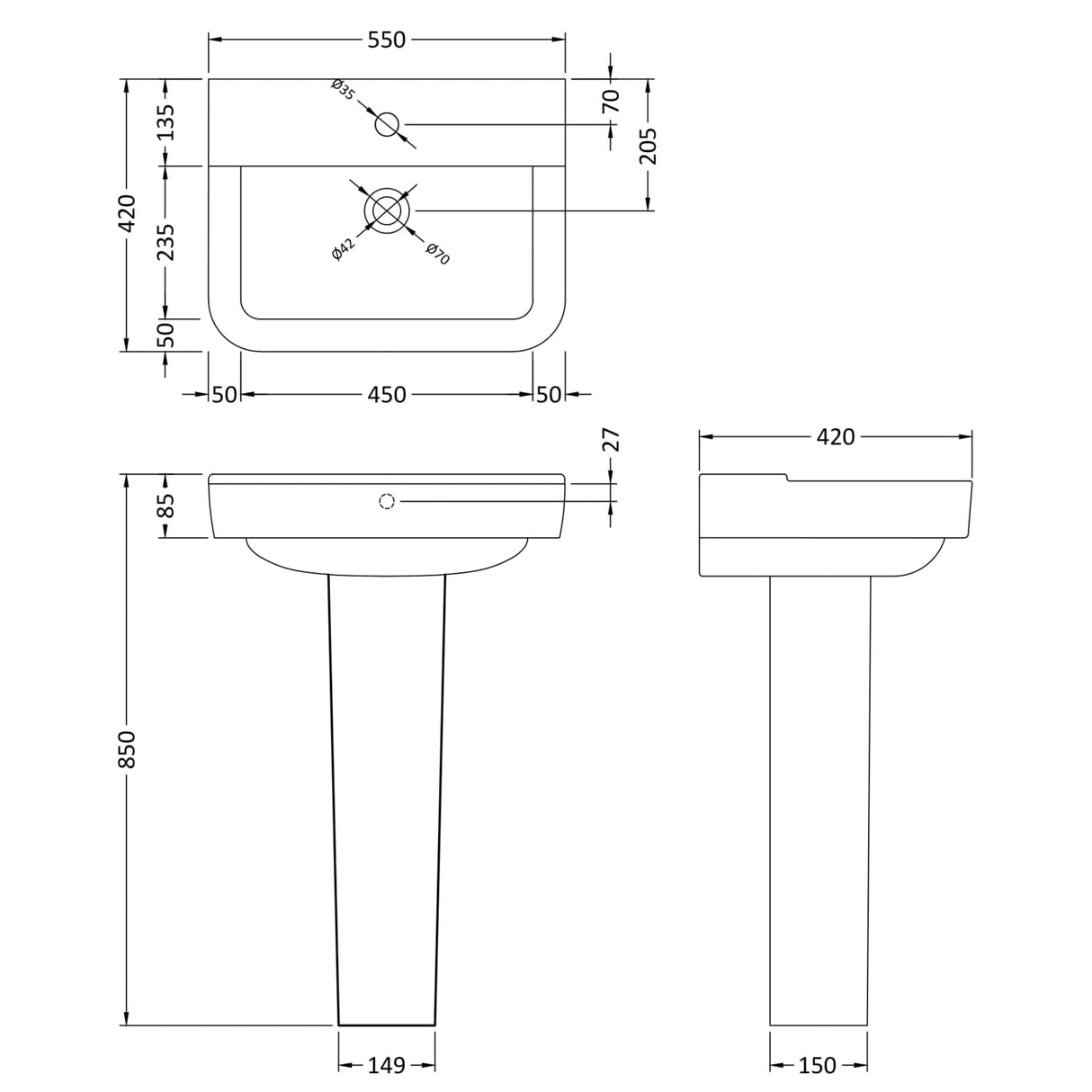 Hudson Reed Arlo Basin & Full Pedestal 550mm wide, 1 Tap Hole White CPC025 LD