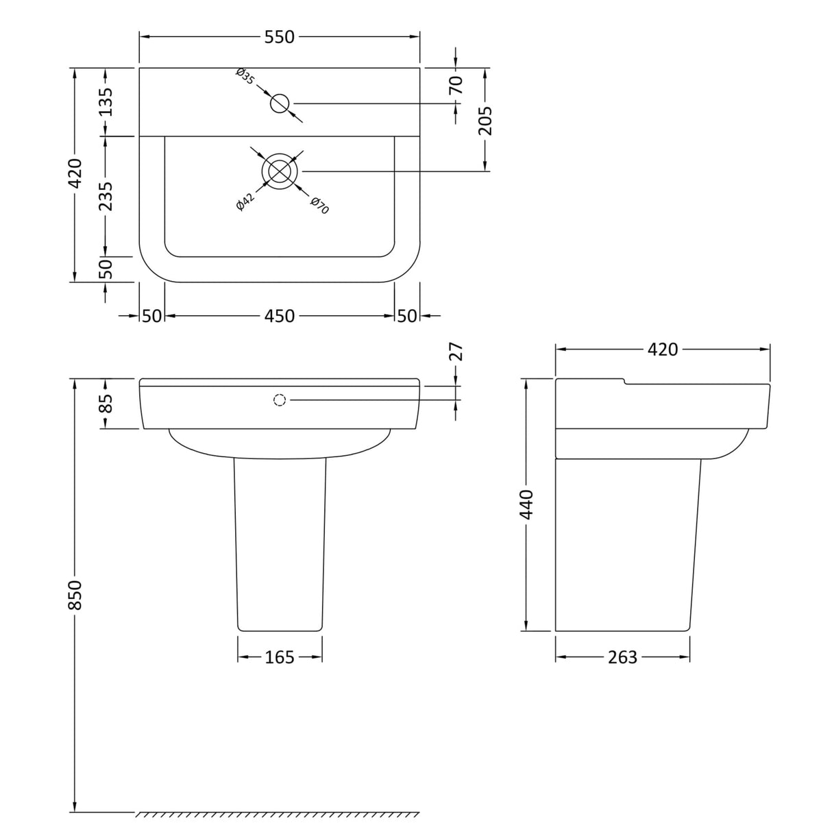 Hudson Reed Arlo Wall Hung Basin & Semi Pedestal 550mm wide, 1 Tap Hole White CPC026 LD