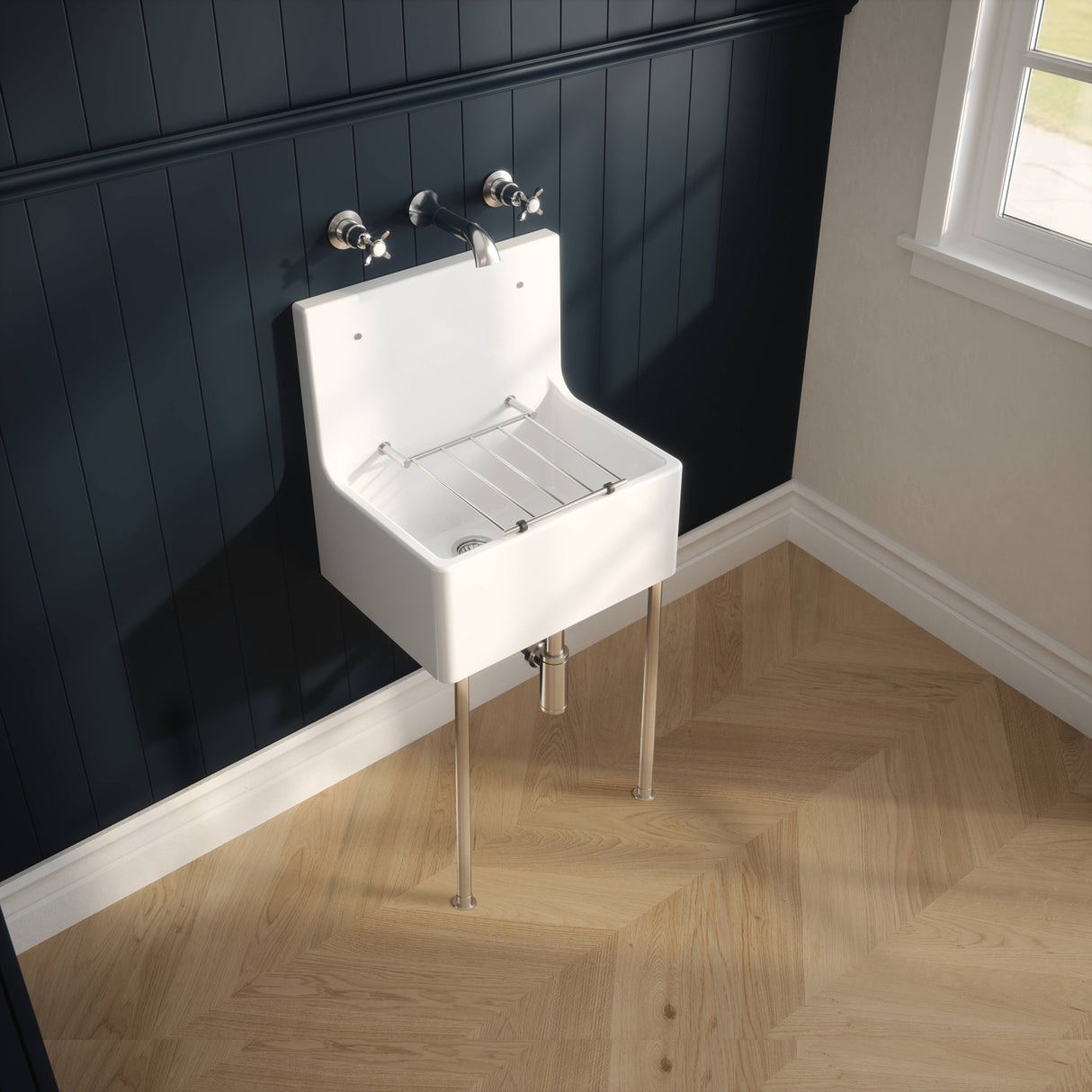 Nuie Ceramic Cleaner Sink With Grid & Leg Brackets 515 x 535 x 393mm CS10121LB LS