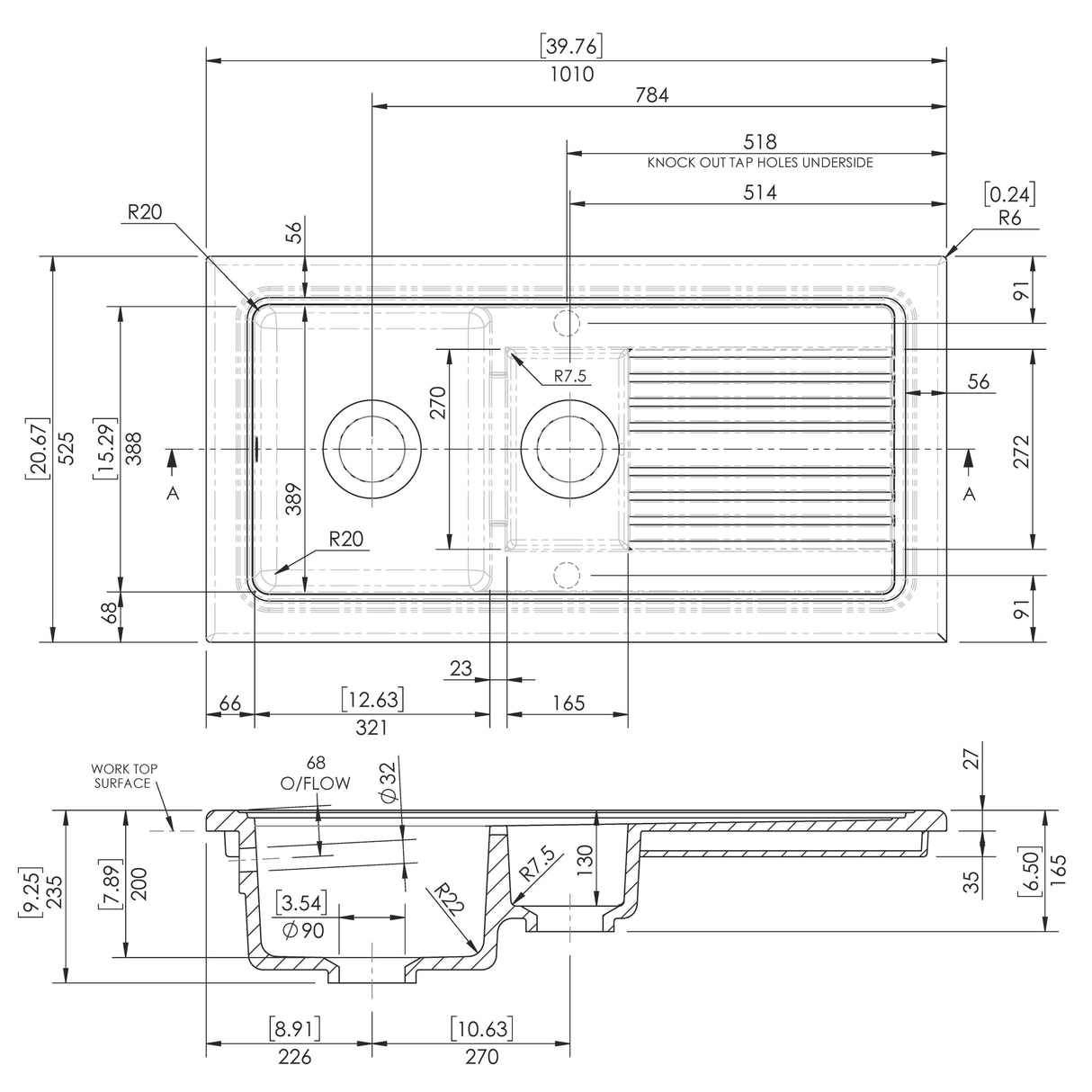 Nuie 1.5 Bowl Ceramic Inset Kitchen Sink & Drainer White Reversible 1010mm x 525mm CT115T1000 LD