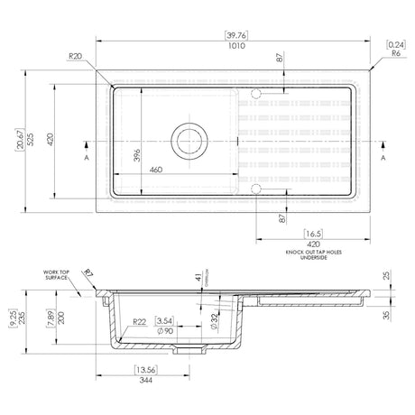Nuie 1.0 Bowl Ceramic Inset Kitchen Sink & Drainer White Reversible 1010mm x 525mm CT11T1010 LD