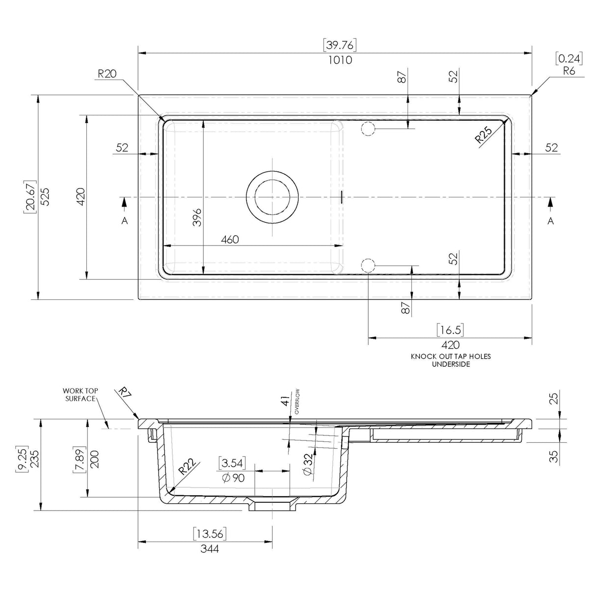 Nuie Modern 1.0 Bowl Ceramic Inset Kitchen Sink & Drainer White Reversible 1010mm x 525mm CT11TF1010 LD